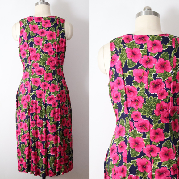 ❌SOLD❌vintage 90s hibiscus floral rayon dress 14 - Picture 2 of 8